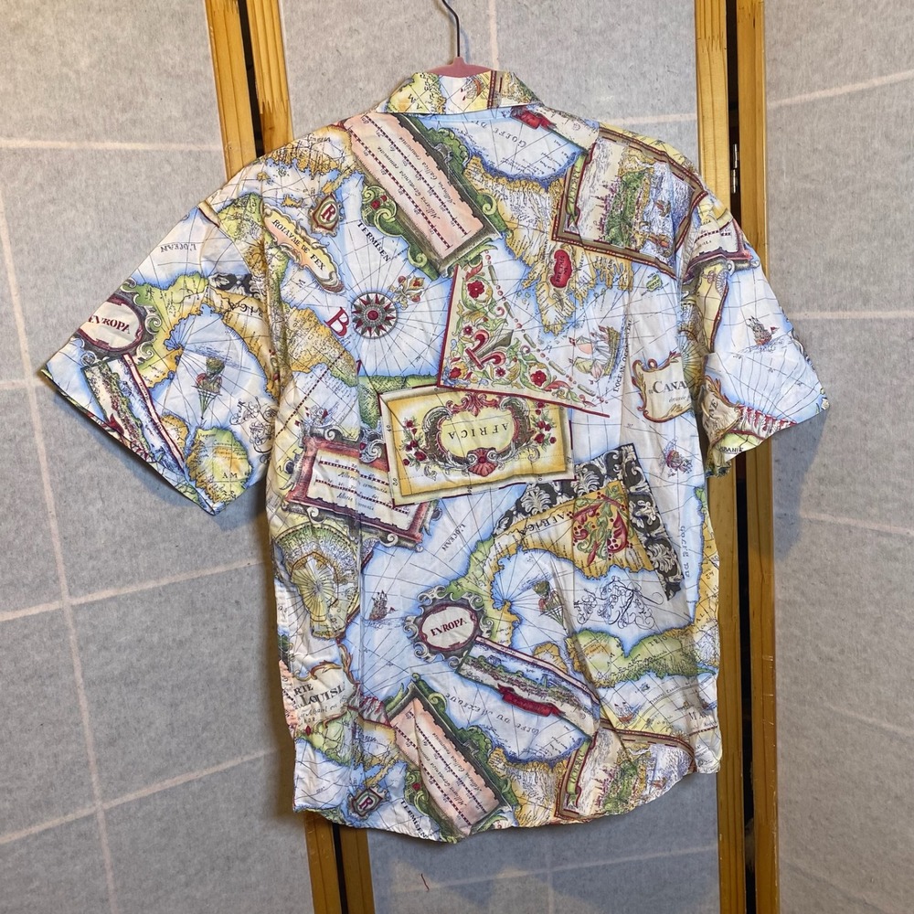 Lizwear Mens Vintage World Map Print Button Down Shirt Short Sleeve Cotton Med - Picture 11 of 13